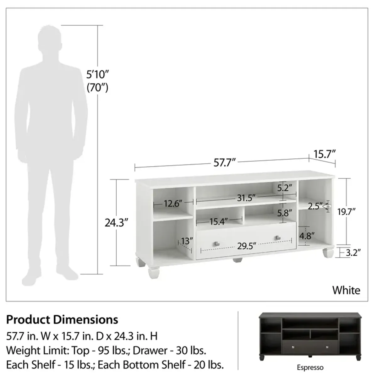 Brett TV Stand for TVs up to 64" with 7 Open Shelves and 1 Drawer