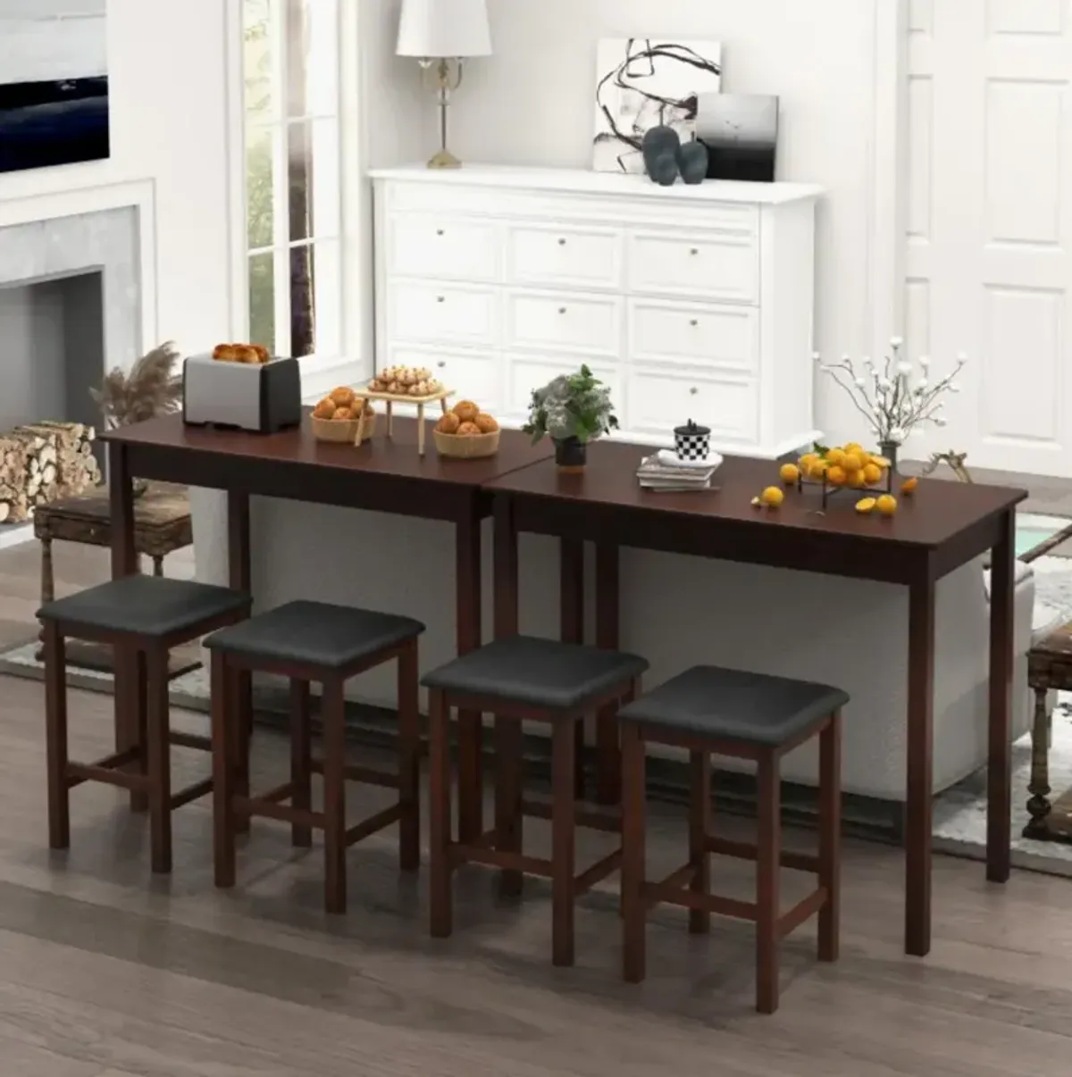 Counter-Height Dining Table and 2 Linen Fabric Padded Bar Stools