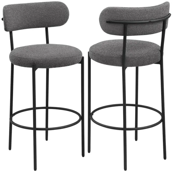 Winona Bar Chair Set of 2, Gray Boucle Fabric, Black Metal 30 Inch - Benzara