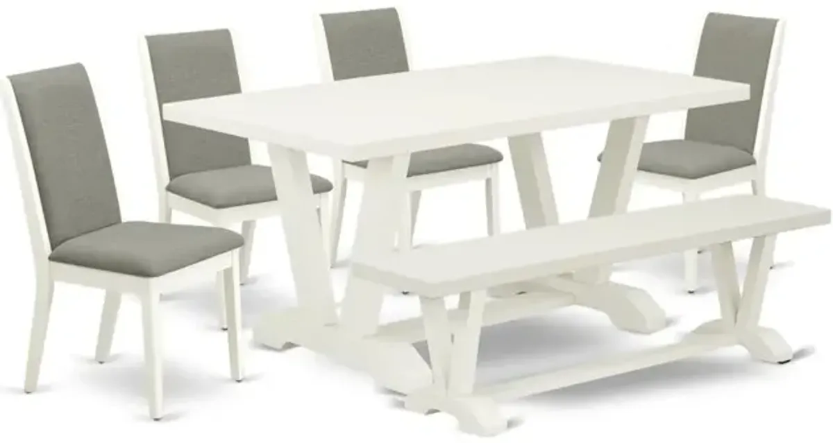 East West Furniture V026LA206-6 6-Piece Stylish Modern Dining Table Set an Outstanding Linen White Dining Room Table Top and Linen White Wooden Bench Indoor and 4 Awesome Linen Fabric Padded Chairs wi