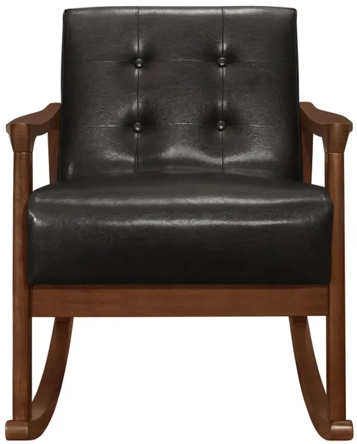 Ciao 37 Inch Rocking Chair Armchair, Dark Brown Faux Leather, Solid Wood - Benzara