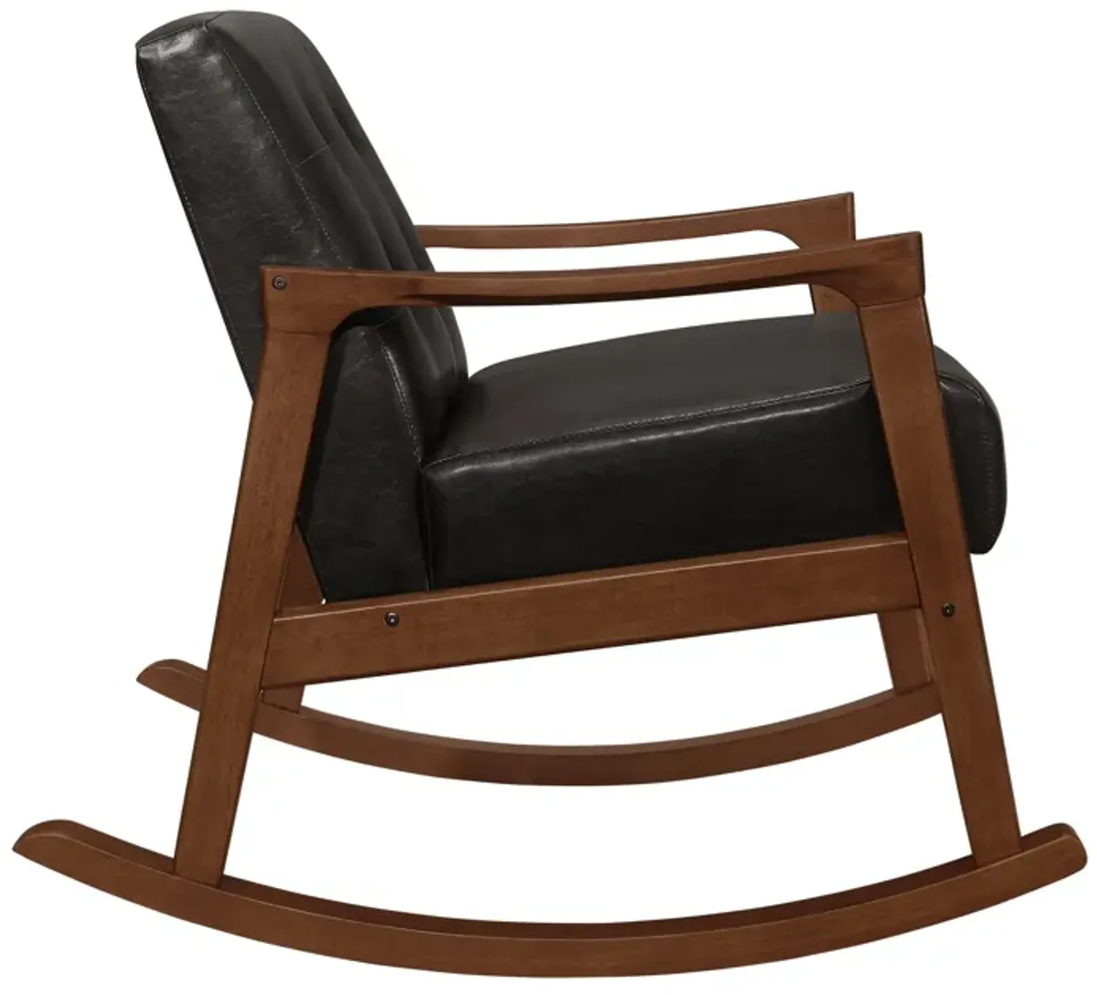 Ciao 37 Inch Rocking Chair Armchair, Dark Brown Faux Leather, Solid Wood - Benzara