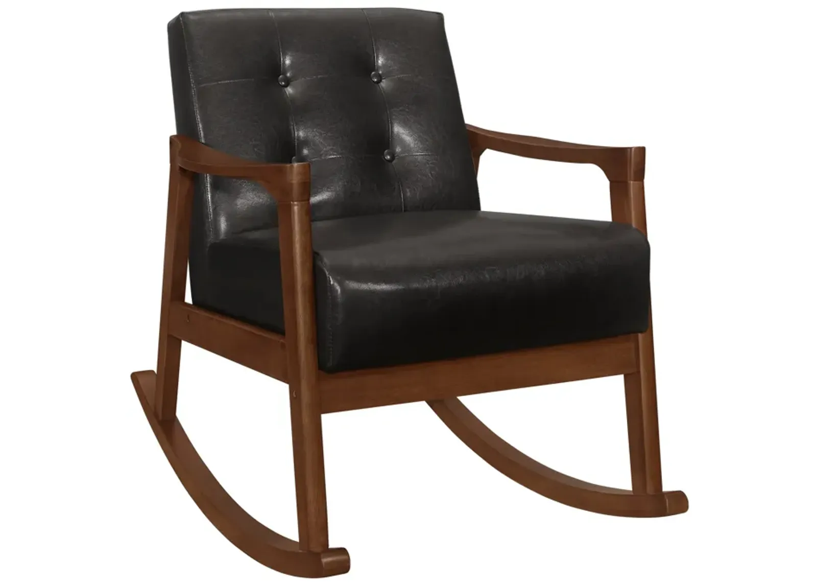 Ciao 37 Inch Rocking Chair Armchair, Dark Brown Faux Leather, Solid Wood - Benzara