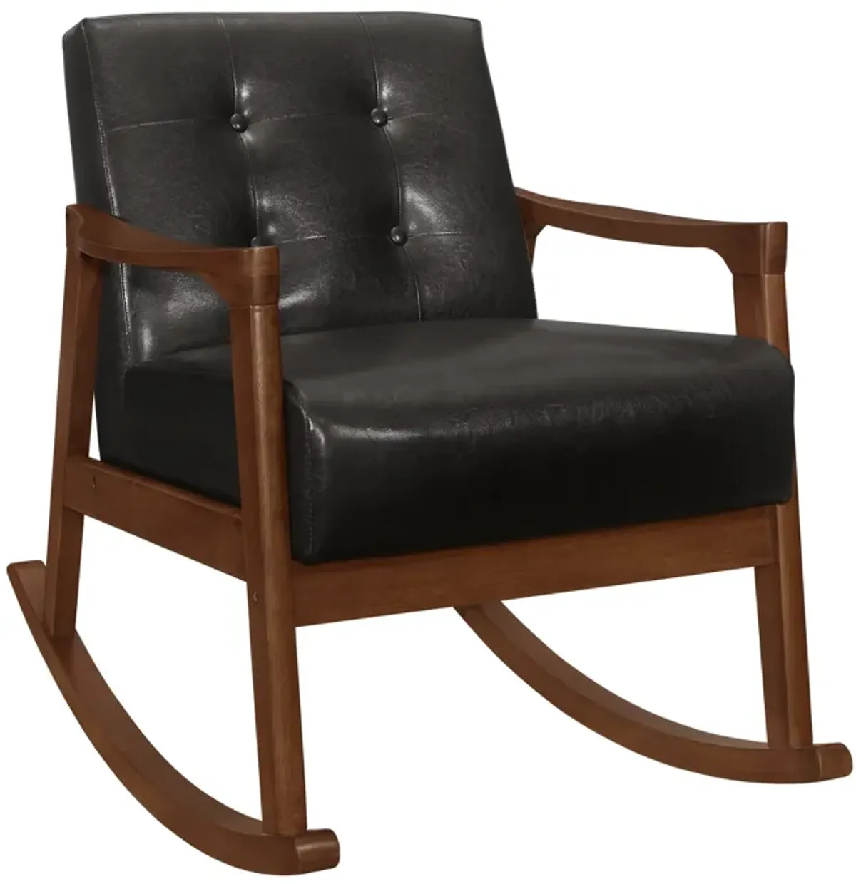 Ciao 37 Inch Rocking Chair Armchair, Dark Brown Faux Leather, Solid Wood - Benzara