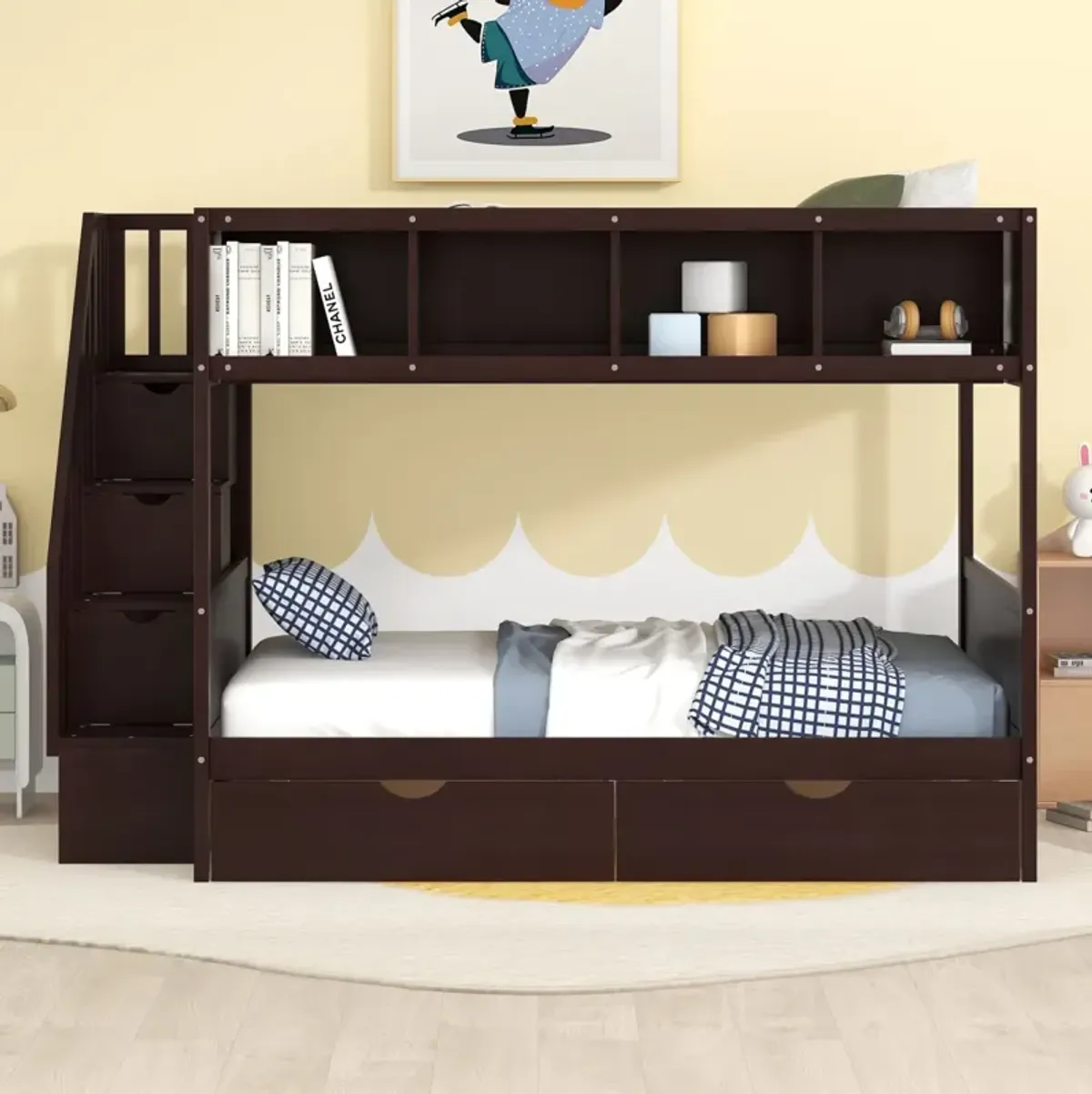 Twin Over Full Bunk Bed With Shelfs, Storage Staircase And 2 Drawers, Espresso