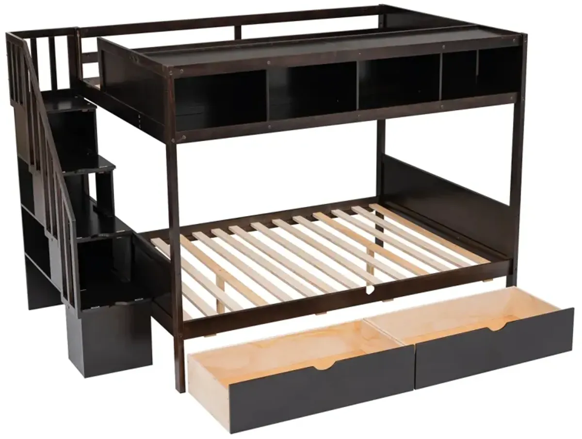 Twin Over Full Bunk Bed With Shelfs, Storage Staircase And 2 Drawers, Espresso