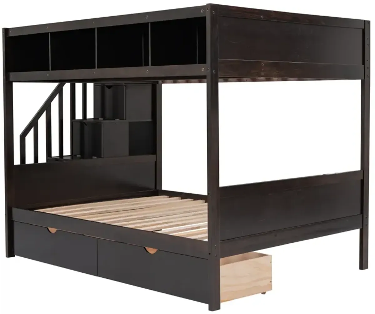 Twin Over Full Bunk Bed With Shelfs, Storage Staircase And 2 Drawers, Espresso