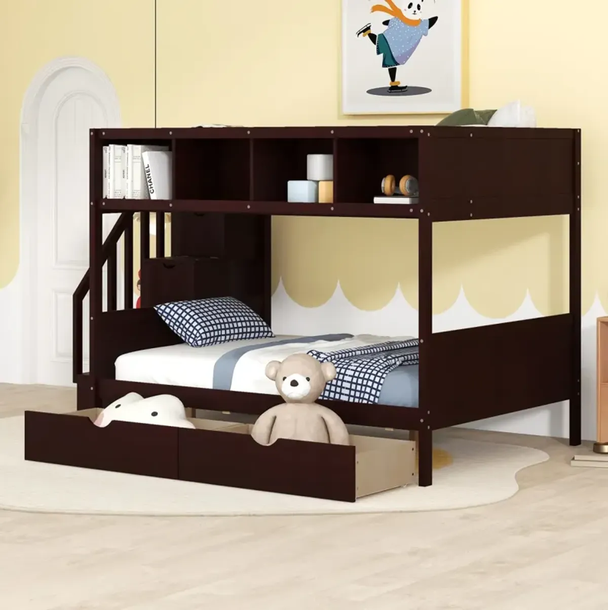 Twin Over Full Bunk Bed With Shelfs, Storage Staircase And 2 Drawers, Espresso