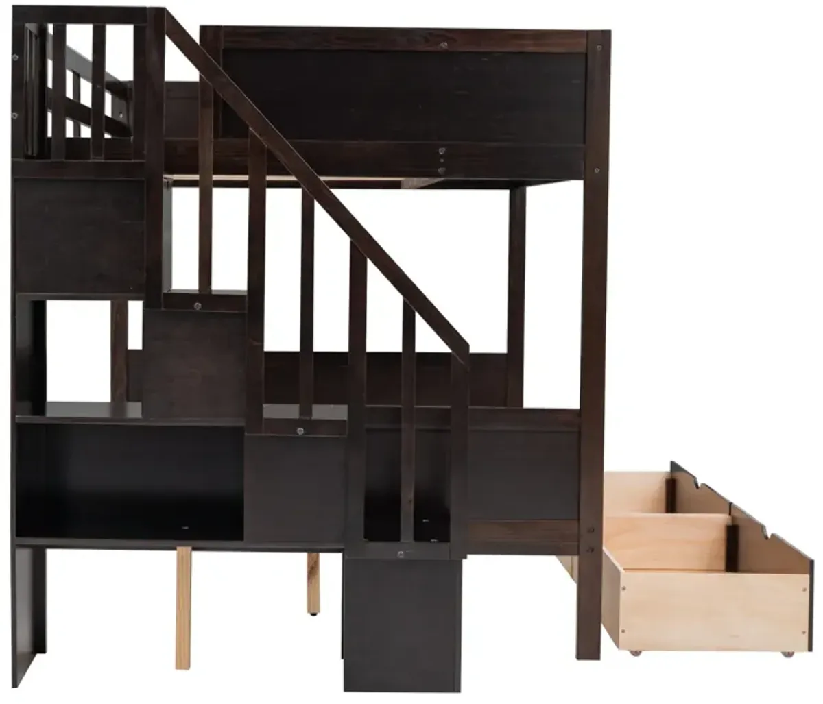 Twin Over Full Bunk Bed With Shelfs, Storage Staircase And 2 Drawers, Espresso