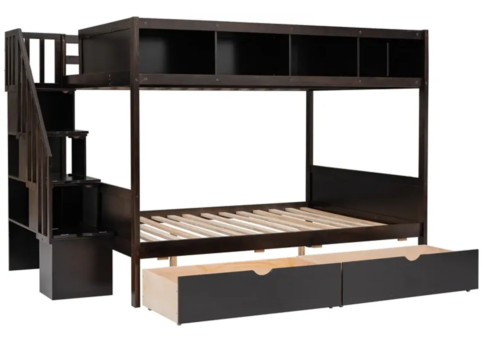 Twin Over Full Bunk Bed With Shelfs, Storage Staircase And 2 Drawers, Espresso