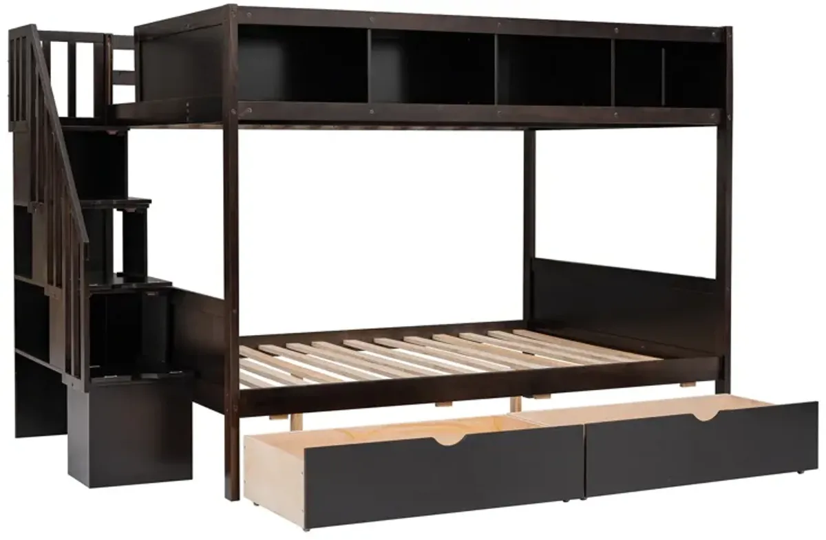 Twin Over Full Bunk Bed With Shelfs, Storage Staircase And 2 Drawers, Espresso