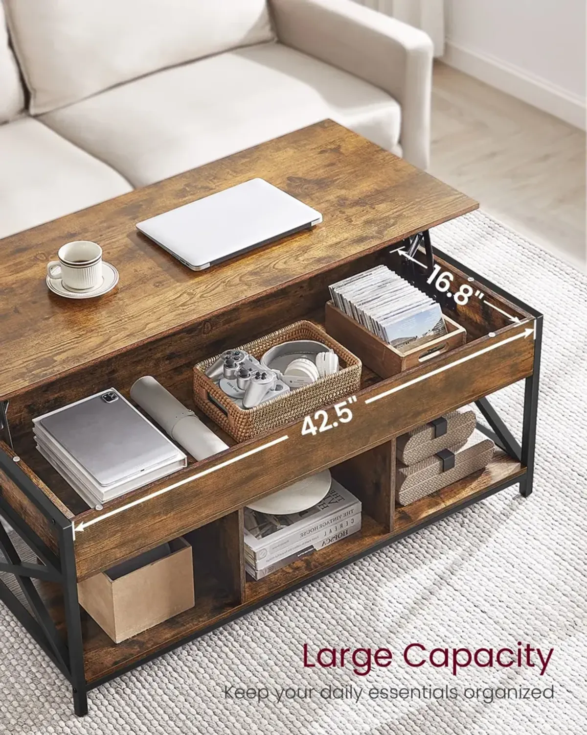 Modern Lift Top Coffee Table - Hidden & Open Compartments with X-Shaped Steel Frame