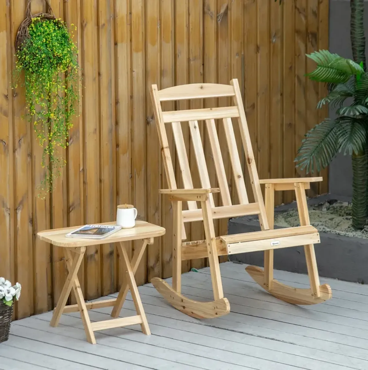 Natural Porch Set: 2-Piece Wooden Rocking Chairs with Foldable Table