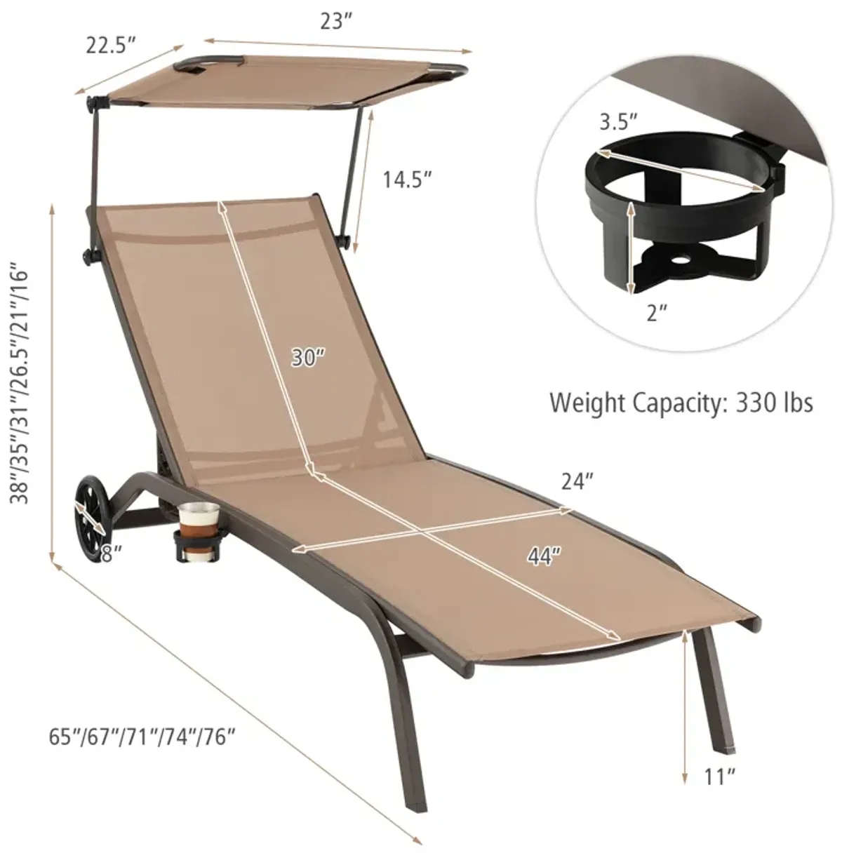 Patio Heavy-Duty Adjustable Chaise Lounge Chair with Canopy Cup holder and Wheels-Brown