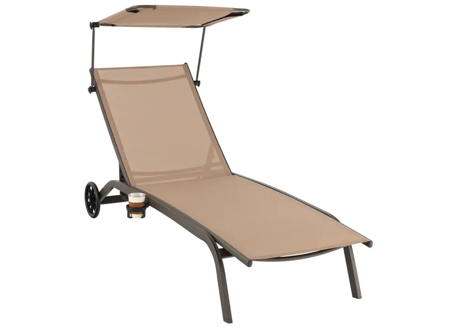 Patio Heavy-Duty Adjustable Chaise Lounge Chair with Canopy Cup holder and Wheels-Brown