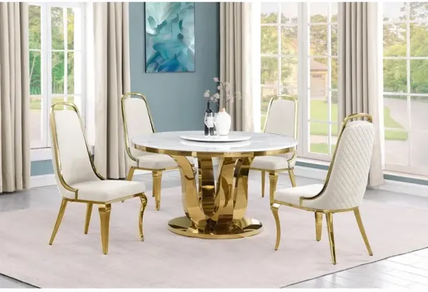 5pc White marble round dining set with gold base and 4 Cream side chairs