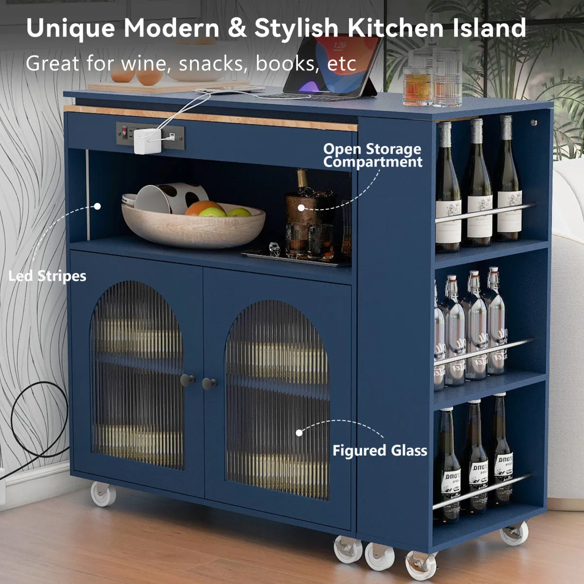 Rolling Kitchen Island with LED Lights and Storage