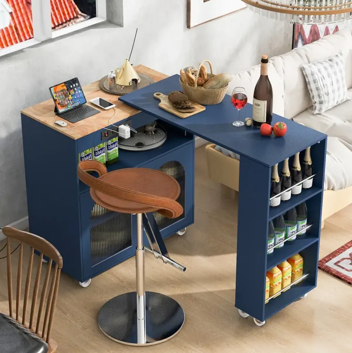 Rolling Kitchen Island with LED Lights and Storage