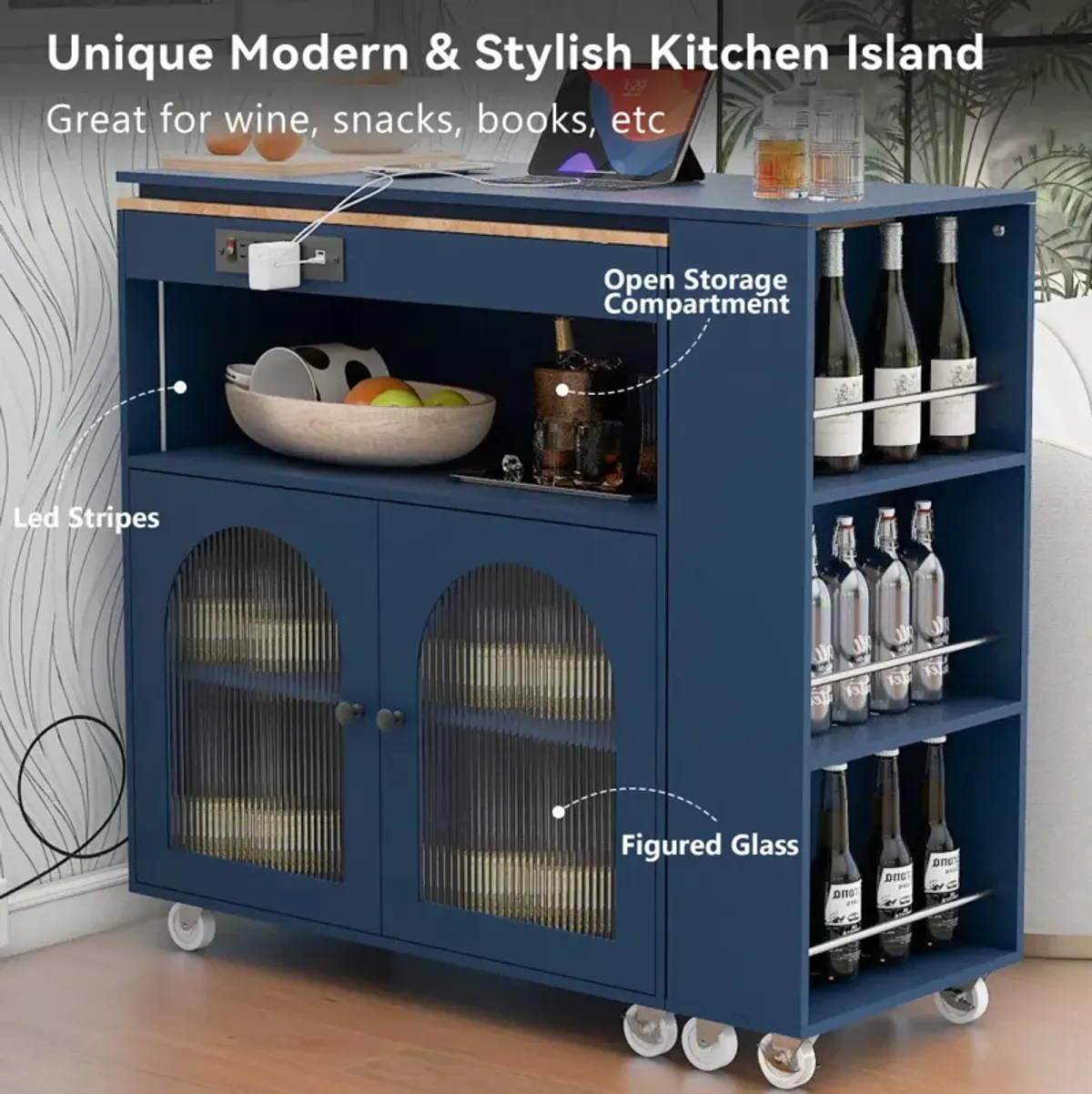 Rolling Kitchen Island with LED Lights and Storage