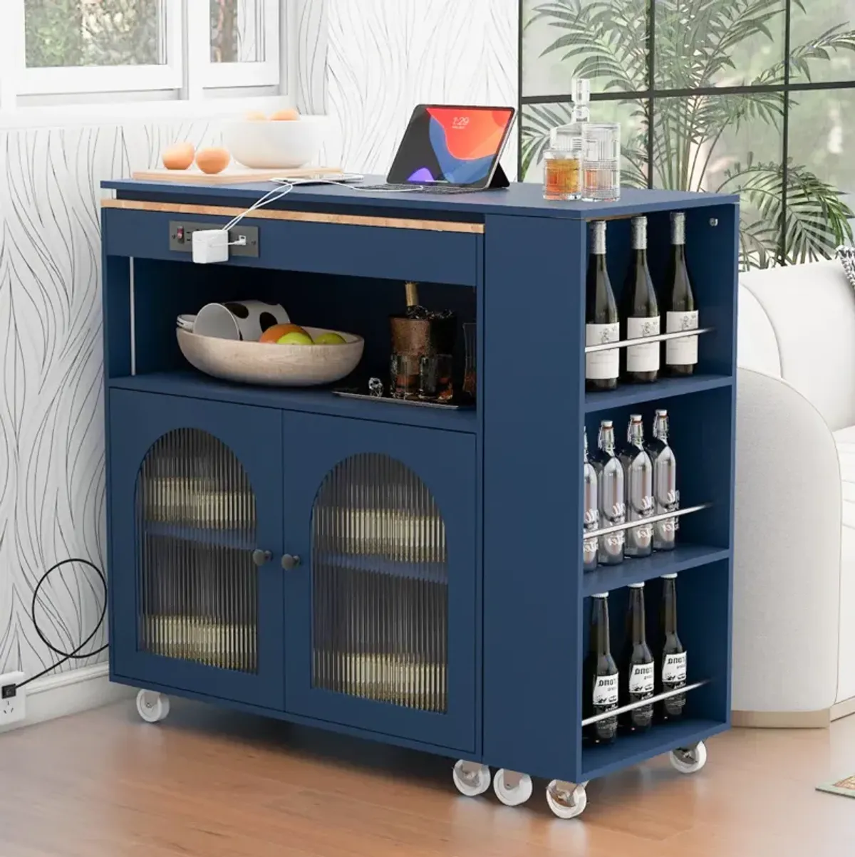 Rolling Kitchen Island with LED Lights and Storage