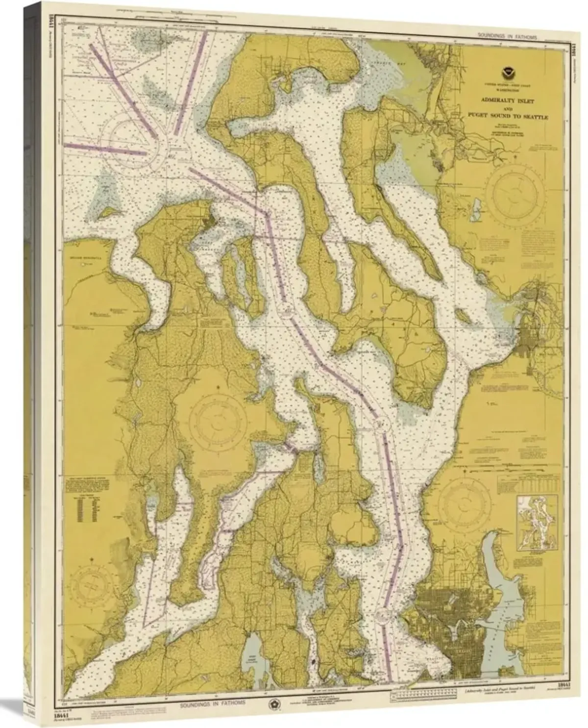 Nautical Chart - Admiralty Inlet and Puget Sound to Seattle ca. 1975 - Sepia Tinted-Canvas Art-28.44x36