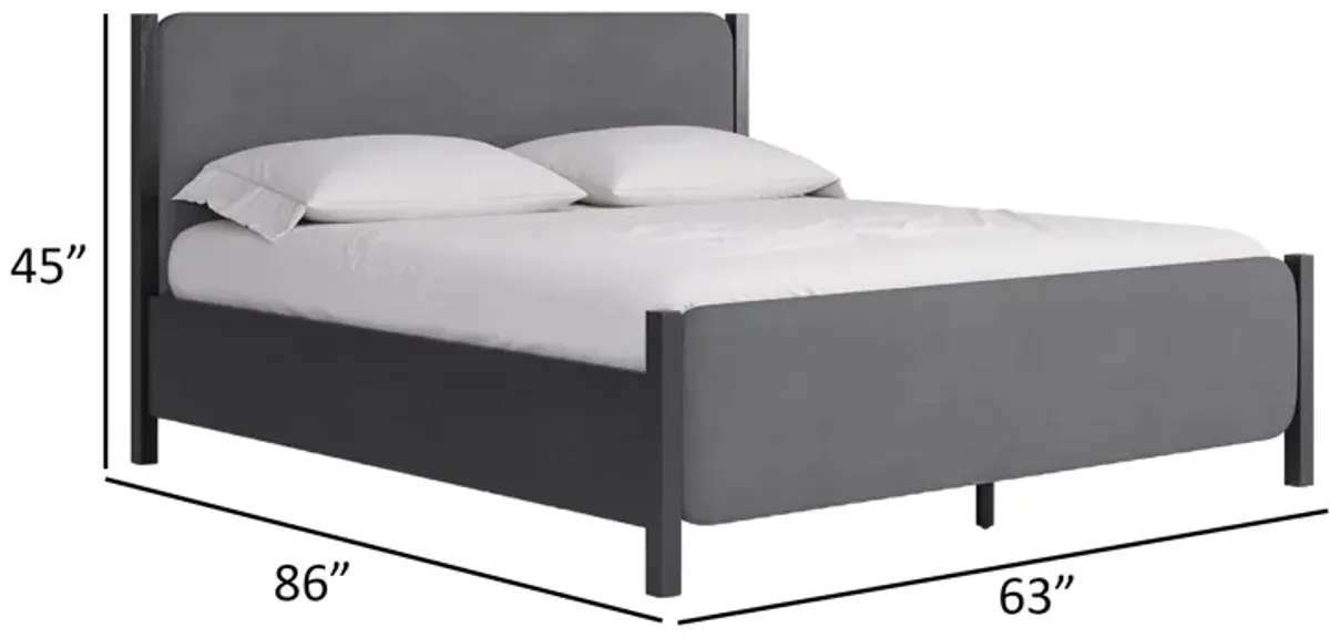 Cave Queen Bed, Velvet Upholstery, Squared Posts, Dark Gray Mahogany Wood - Benzara