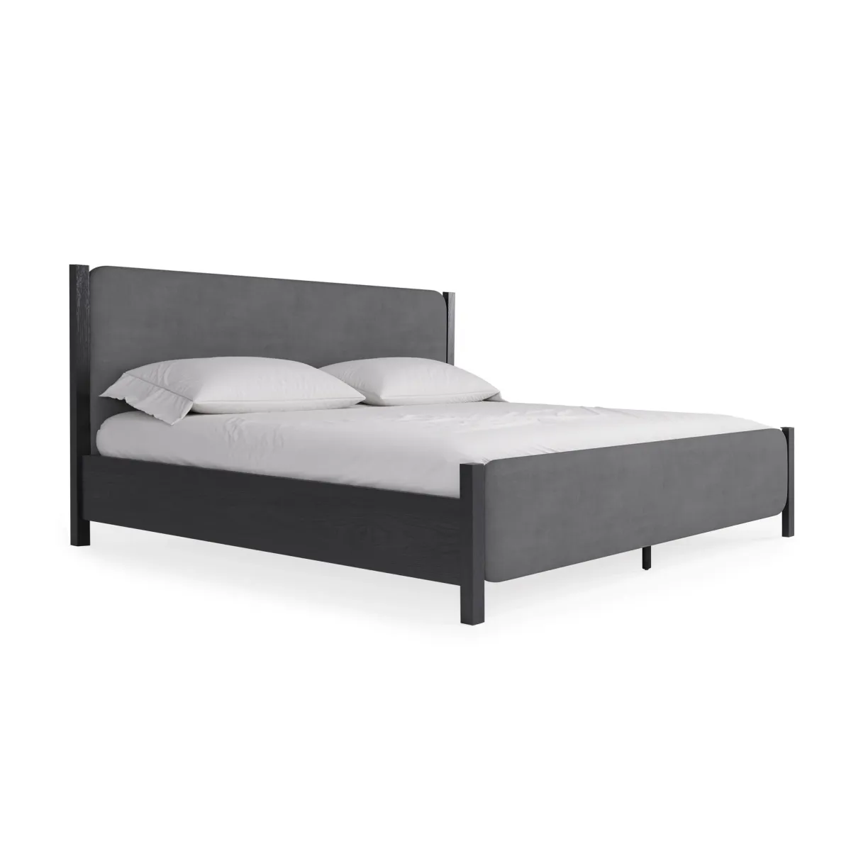 Cave Queen Bed, Velvet Upholstery, Squared Posts, Dark Gray Mahogany Wood - Benzara