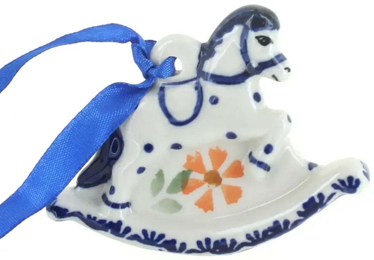 Blue Rose Polish Pottery Red Daisy Rocking Horse Ornament