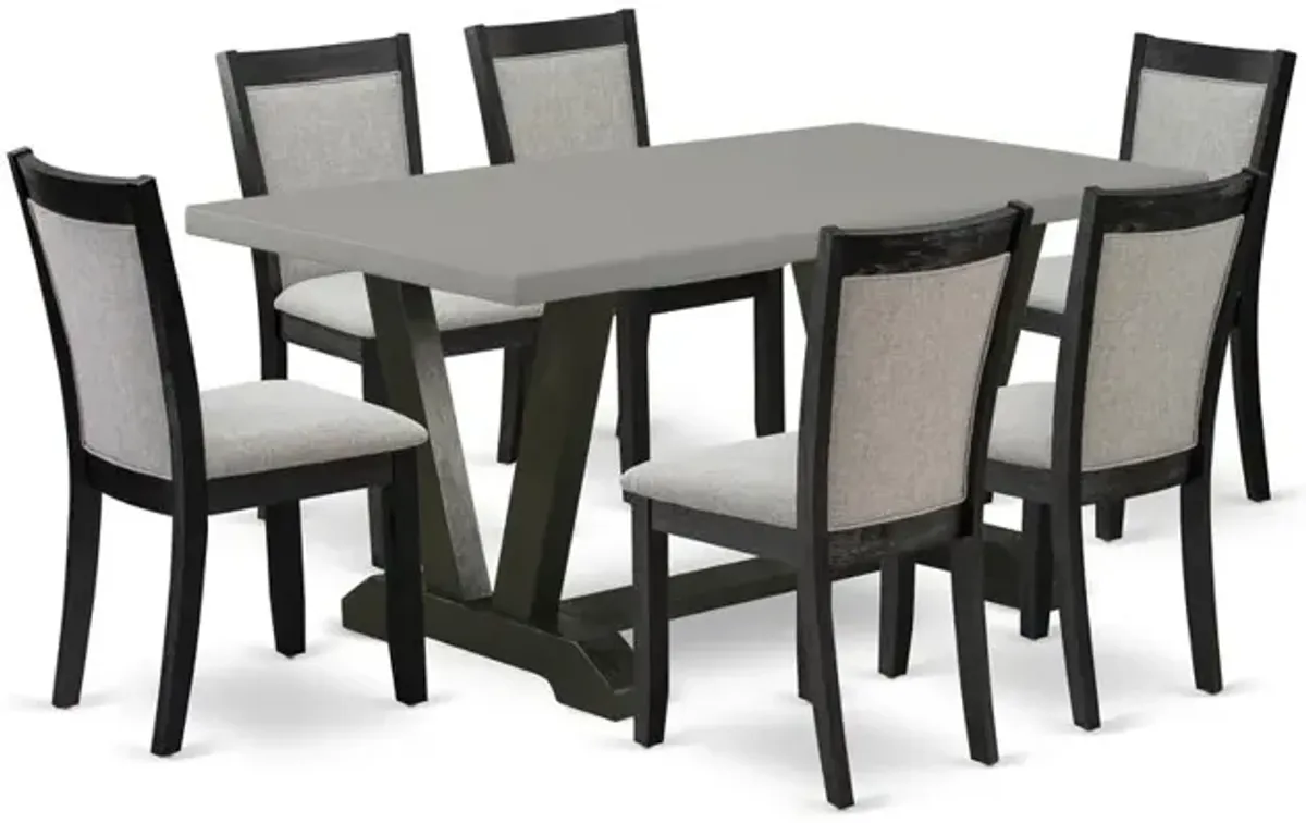 East West Furniture 7 Piece Kitchen Dining Table Set - A Cement Top Modern Dining Table with Trestle Base and 6 Shitake Linen Fabric Upholstered Dining Chairs - Wire Brushed Black Finish