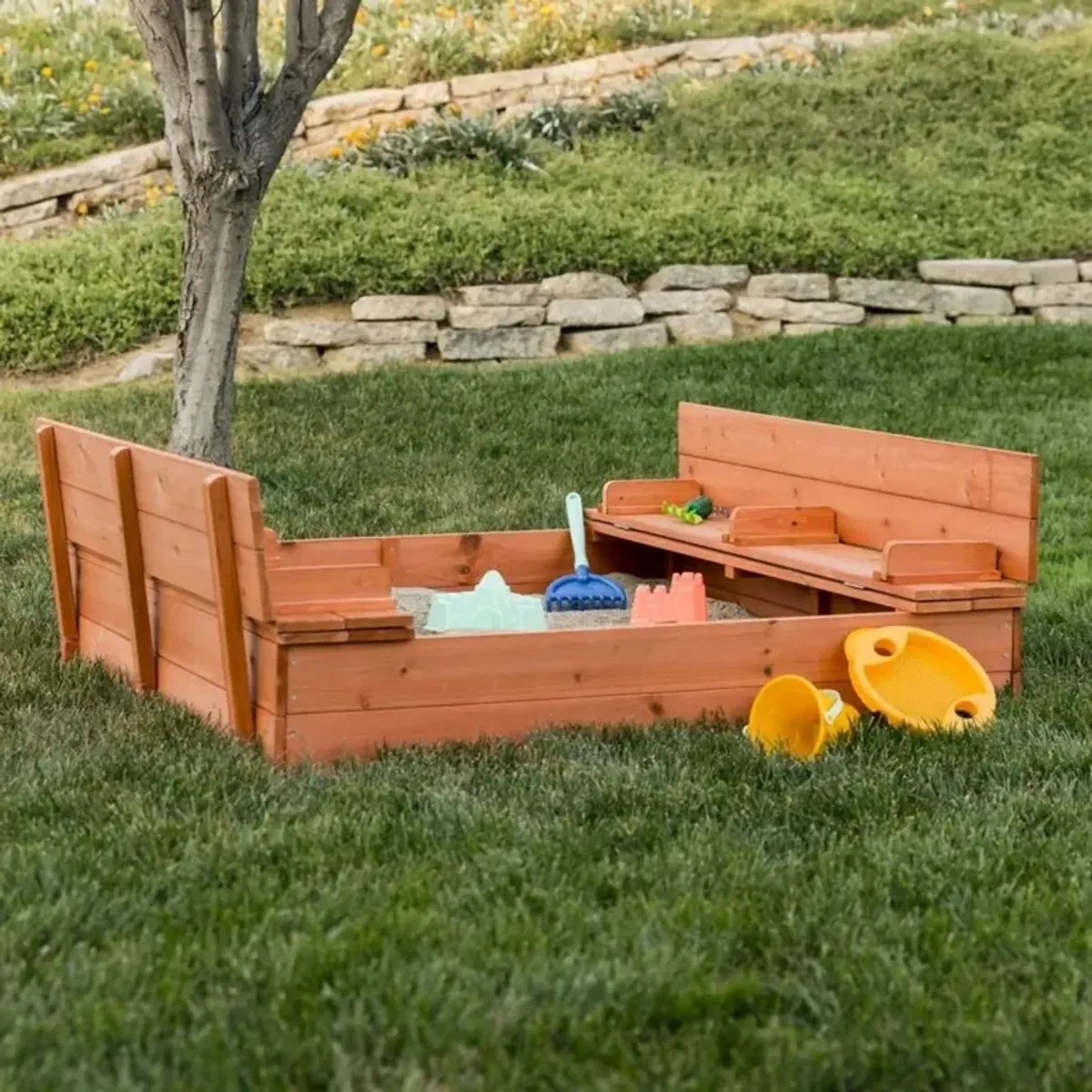 Hivvago Sturdy Brown Cedar Kids Complete Seated Bench Sandbox