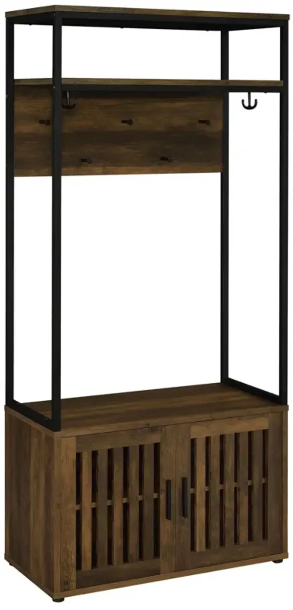 71 Inch Hall Tree Coat Rack, Shoe Cabinet with Shelves, Brown, Black - Benzara