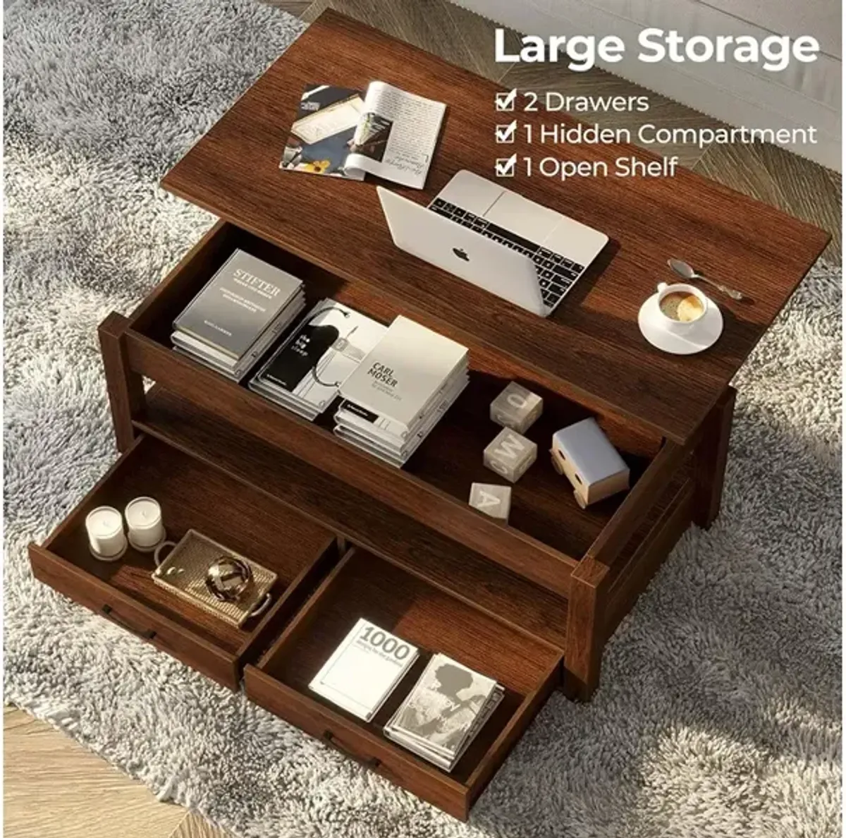 Rolanstar Lift Top Coffee Table with Drawers and Hidden Compartment