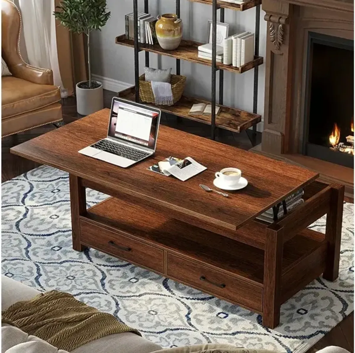 Rolanstar Lift Top Coffee Table with Drawers and Hidden Compartment