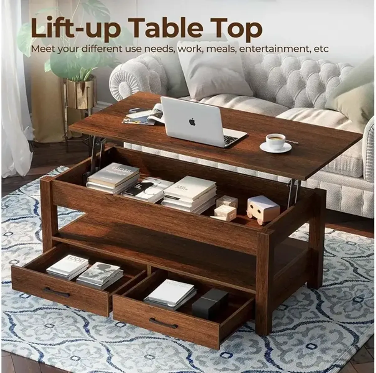 Rolanstar Lift Top Coffee Table with Drawers and Hidden Compartment