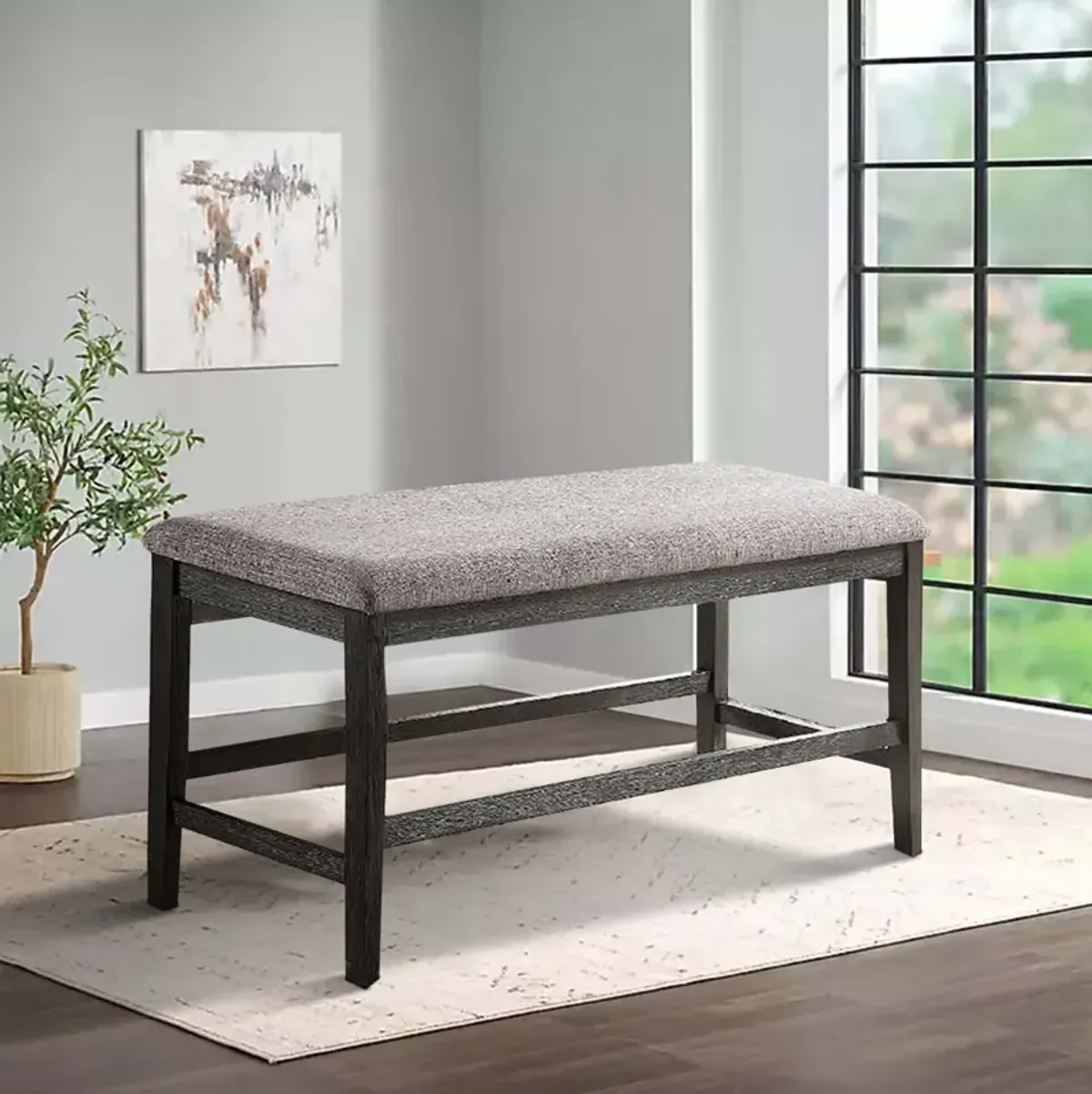 Distressed Wooden Dining Bench with Fabric Seat, Gray - Benzara