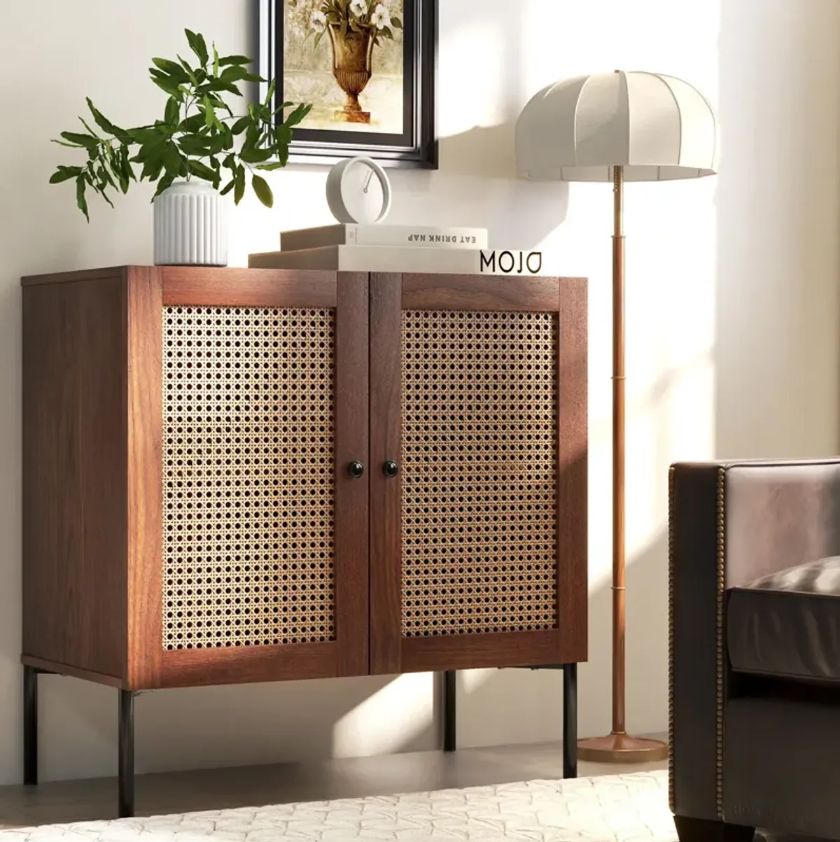 Kitchen Sideboard with 2 Rattan Doors and Adjustable Shelf