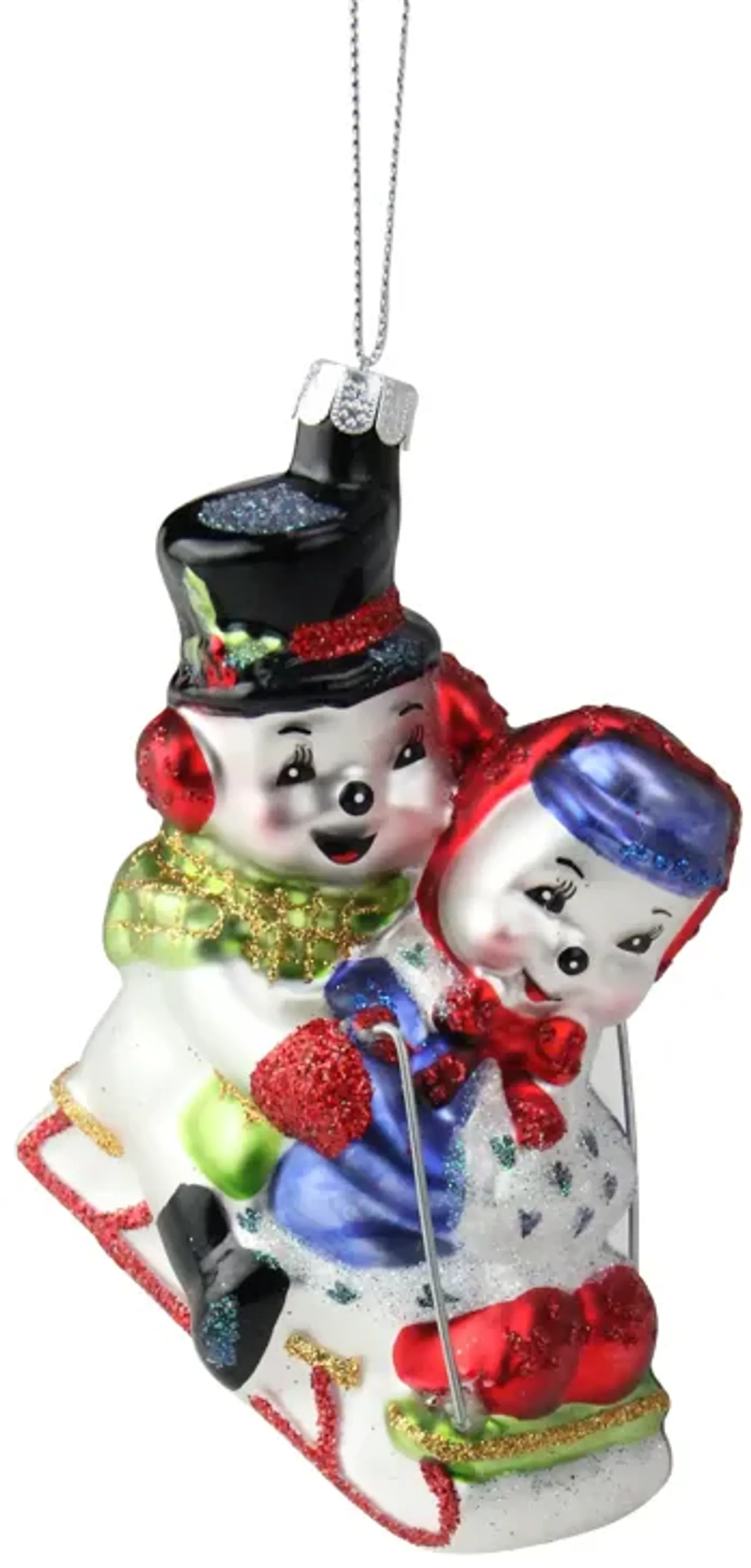 4.5" White and Red Cheerful Sledding Snowmen Couple Glass Christmas Ornament