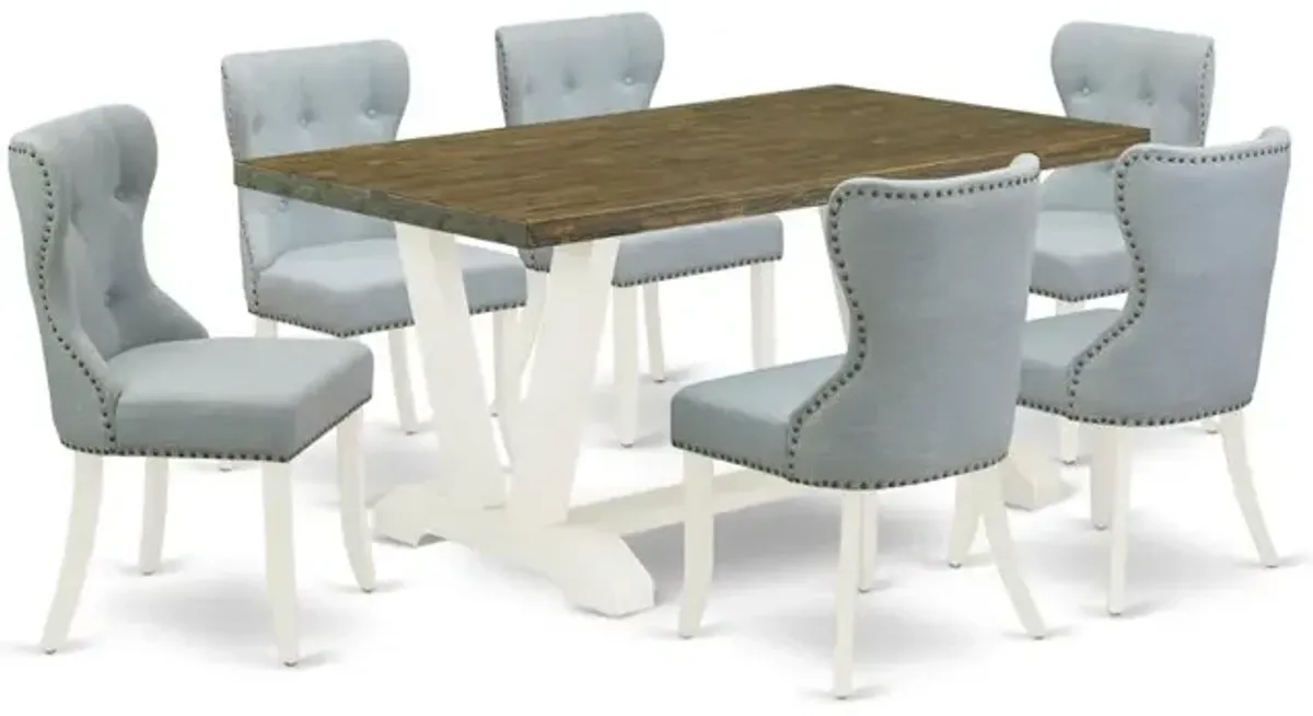 East West Furniture V076SI215-7 7-Piece Dining Set- 6 Kitchen Parson Chairs with Baby Blue Linen Fabric Seat and Button Tufted Chair Back - Rectangular Table Top & Wooden Legs - Distressed Jacobean an