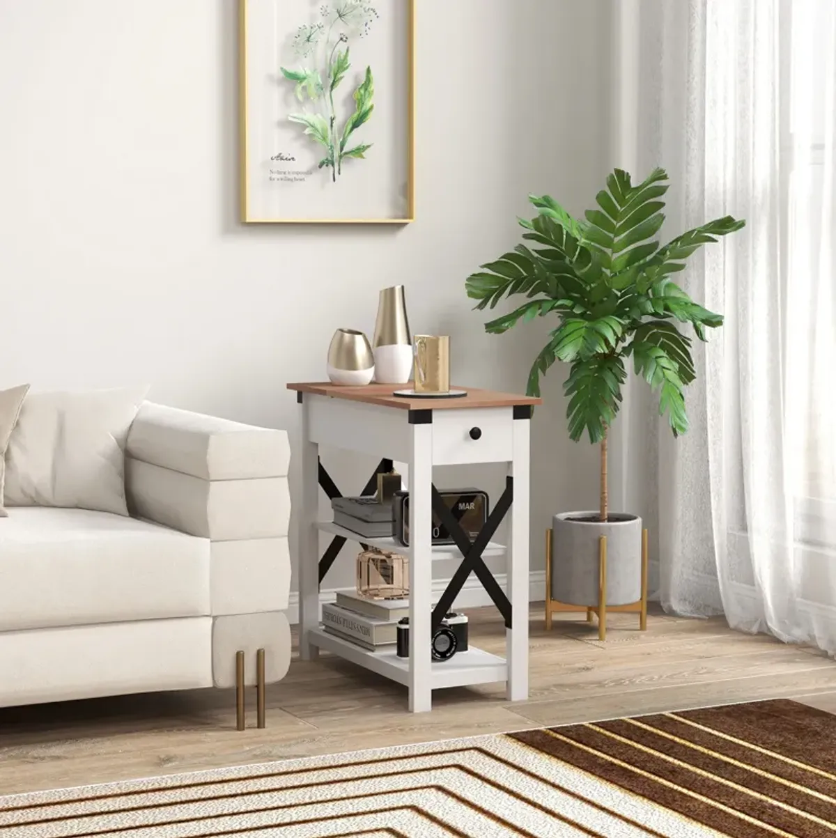 Side Table with Charging Station, End Table with Storage, White