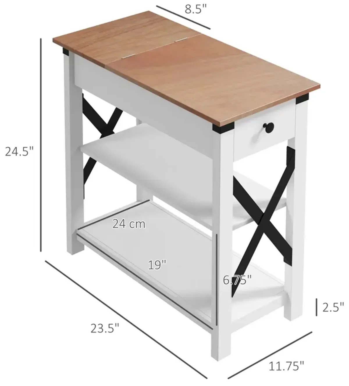 Side Table with Charging Station, End Table with Storage, White