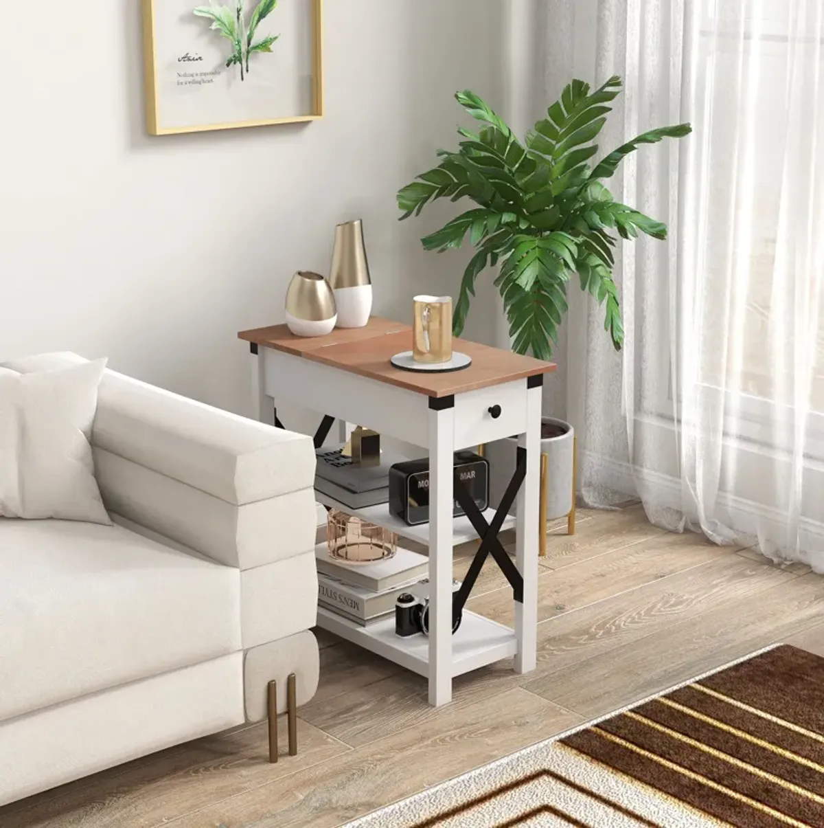 Side Table with Charging Station, End Table with Storage, White