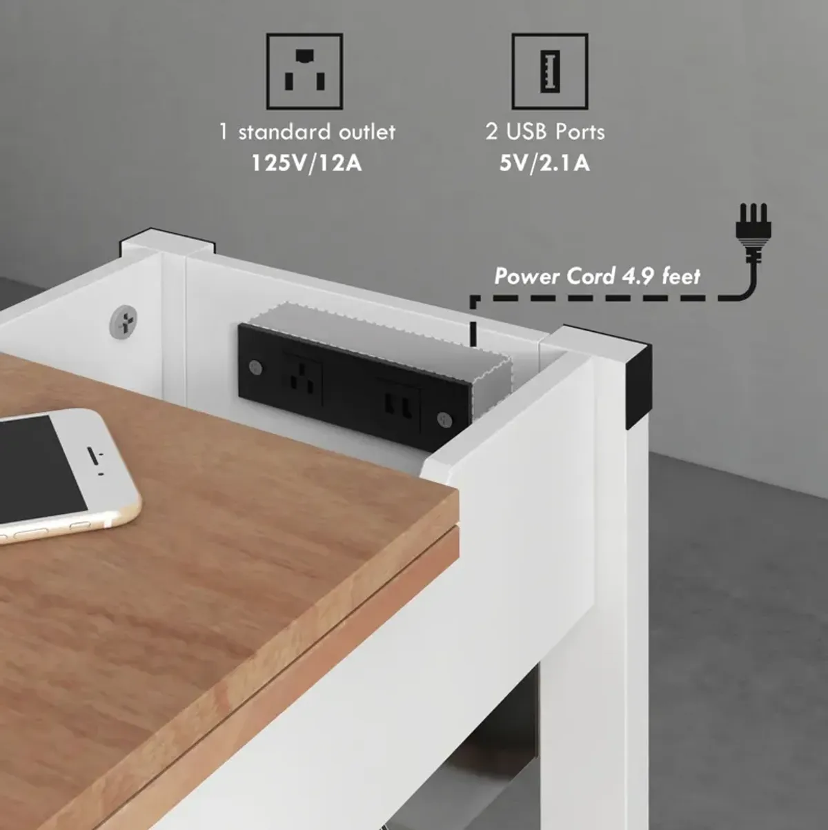 Side Table with Charging Station, End Table with Storage, White