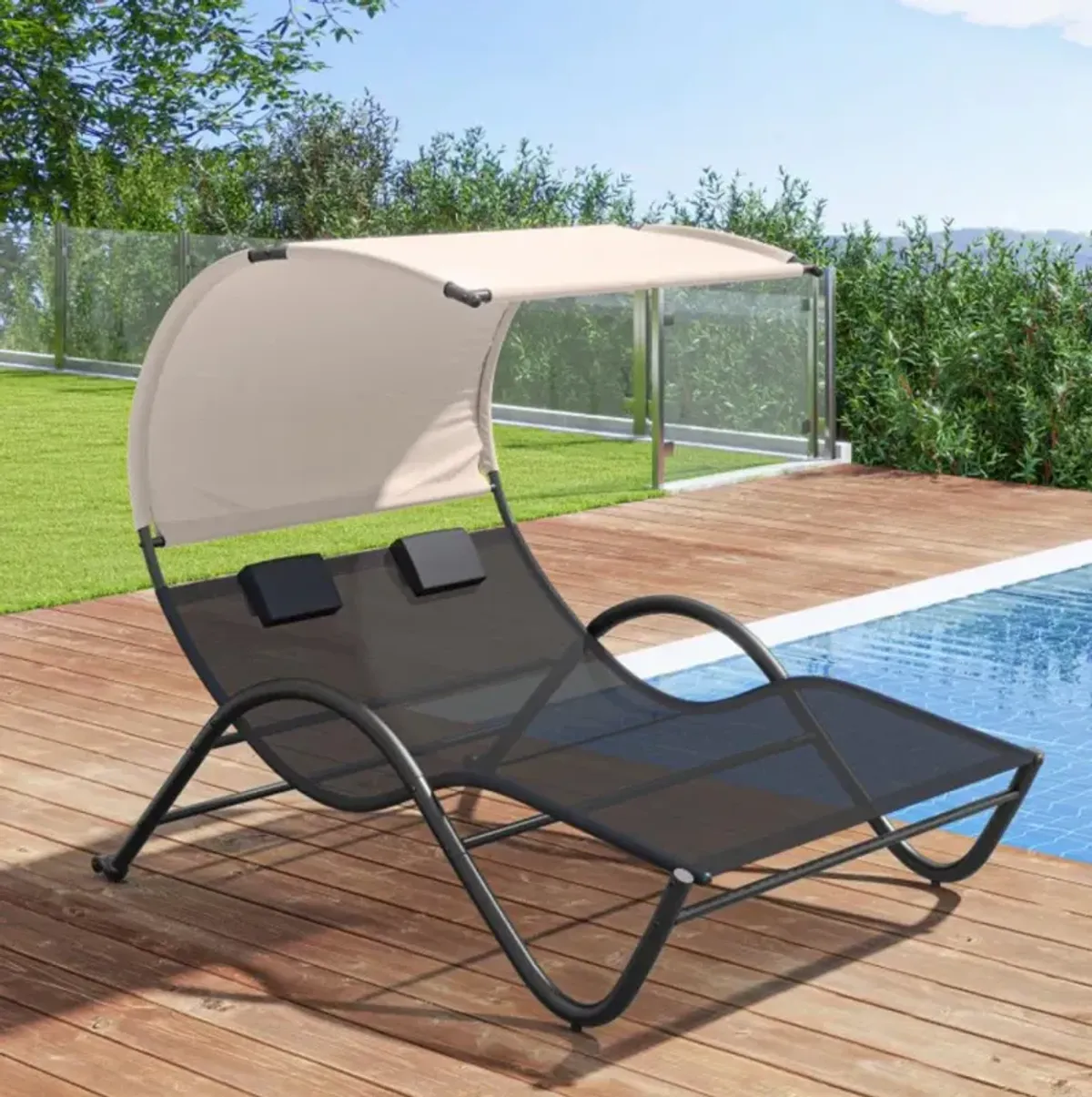 Hivvago Outdoor Double Chaise Lounge Chair with Sunshade Canopy and Headrest Pillows