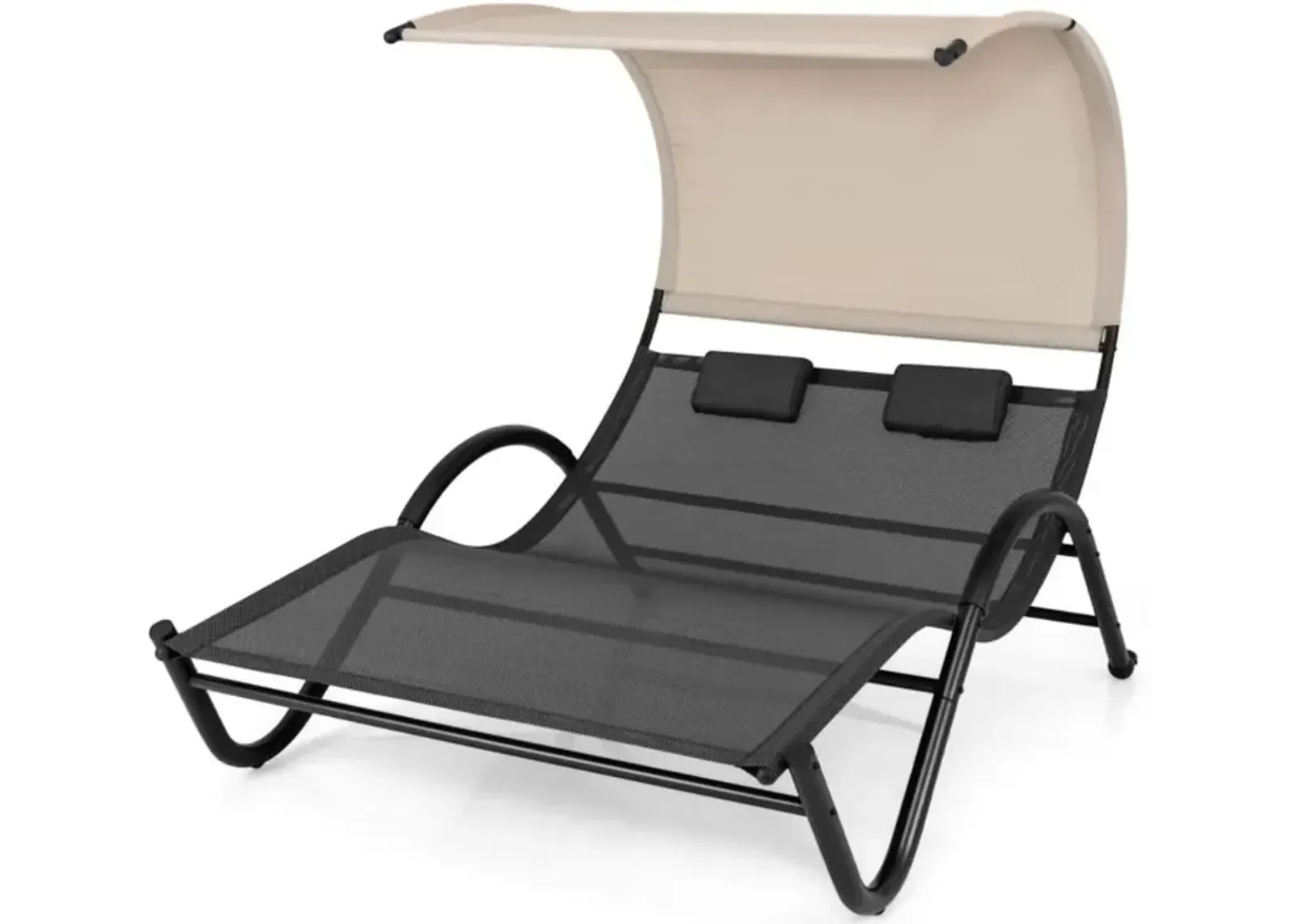 Hivvago Outdoor Double Chaise Lounge Chair with Sunshade Canopy and Headrest Pillows