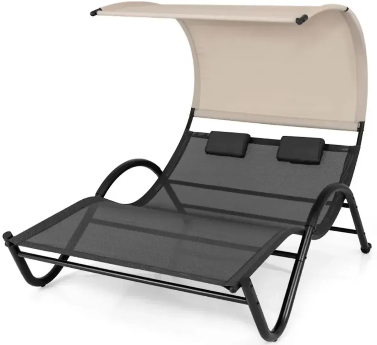 Hivvago Outdoor Double Chaise Lounge Chair with Sunshade Canopy and Headrest Pillows