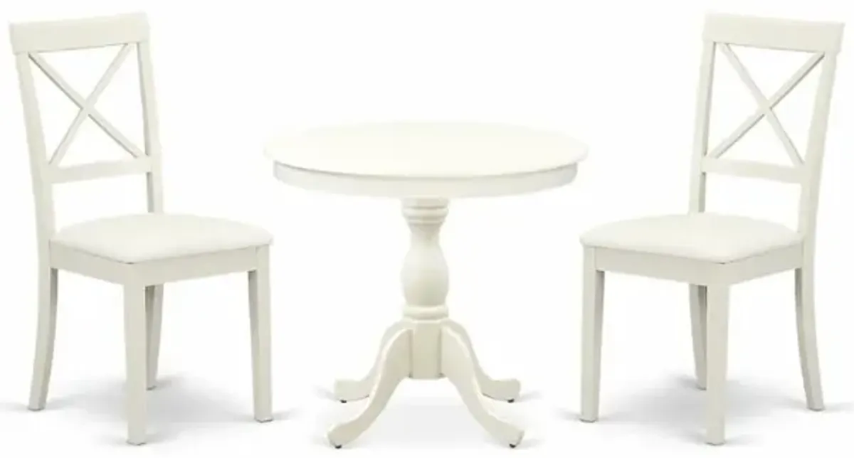 AMBO3-LWH-C 3 Pc Dining Room Set - 1 Pedestal Dining Table and 2 Linen White Dining Chair - Linen White Finish