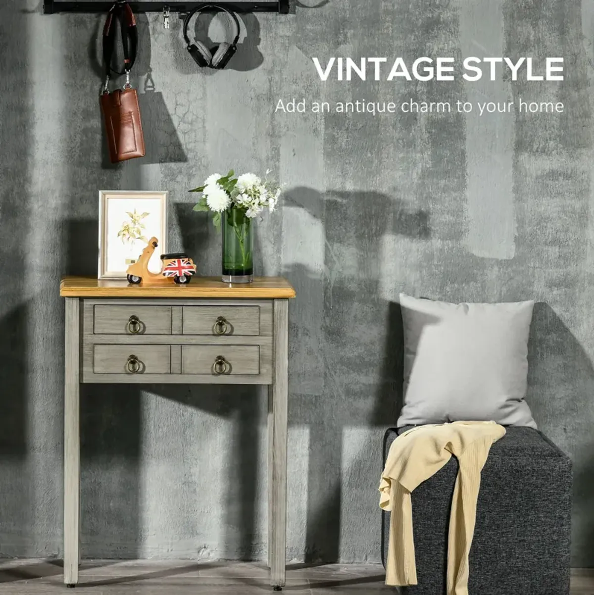 Grey Vintage Entryway: Console Table with 2 Drawers for Hallway