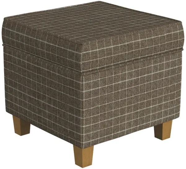 Pyp Square Storage Ottoman, 18 Inch Brown Windowpane Fabric, Wood Legs - Benzara