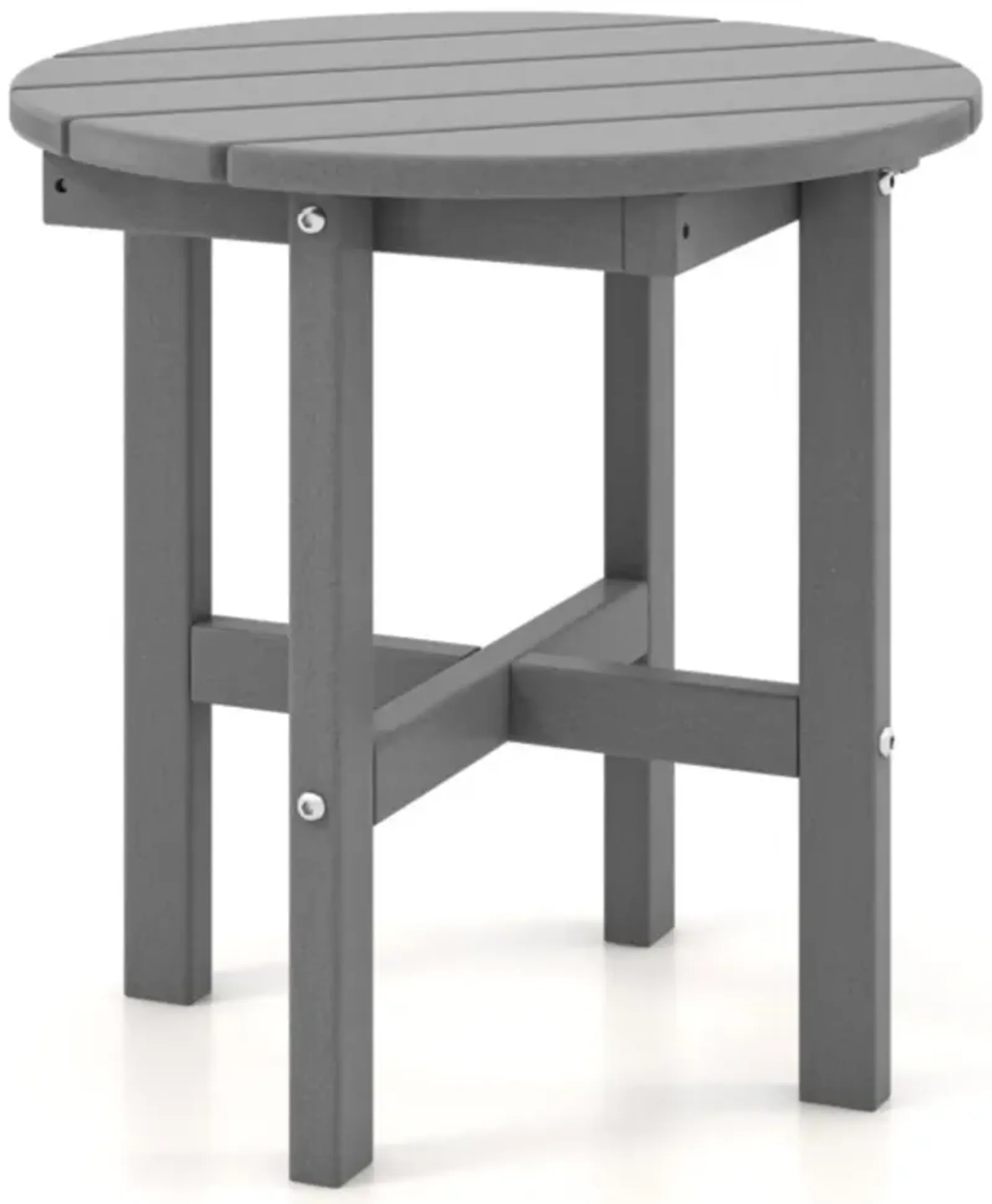 Hivvago 18 Inch Adirondack Round Side Table with Cross Base and Slatted Surface-Gray