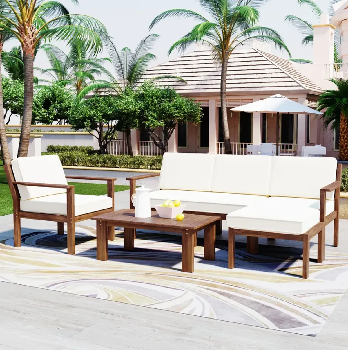 Merax 3 Pieces Outdoor Patio Set with L Shaped Couch